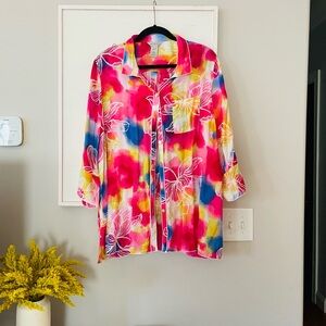 MULTIPLES Bright Colored Lightweight Floral Button Front Blouse Pink Blue XL